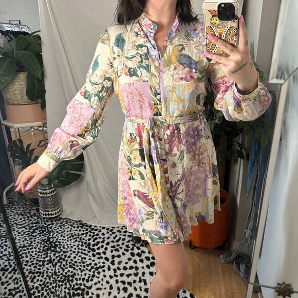 Zara Patchwork Floral Parrot Long Sleeve Shirt Dress Pink Medium NWT - Picture 3 of 6